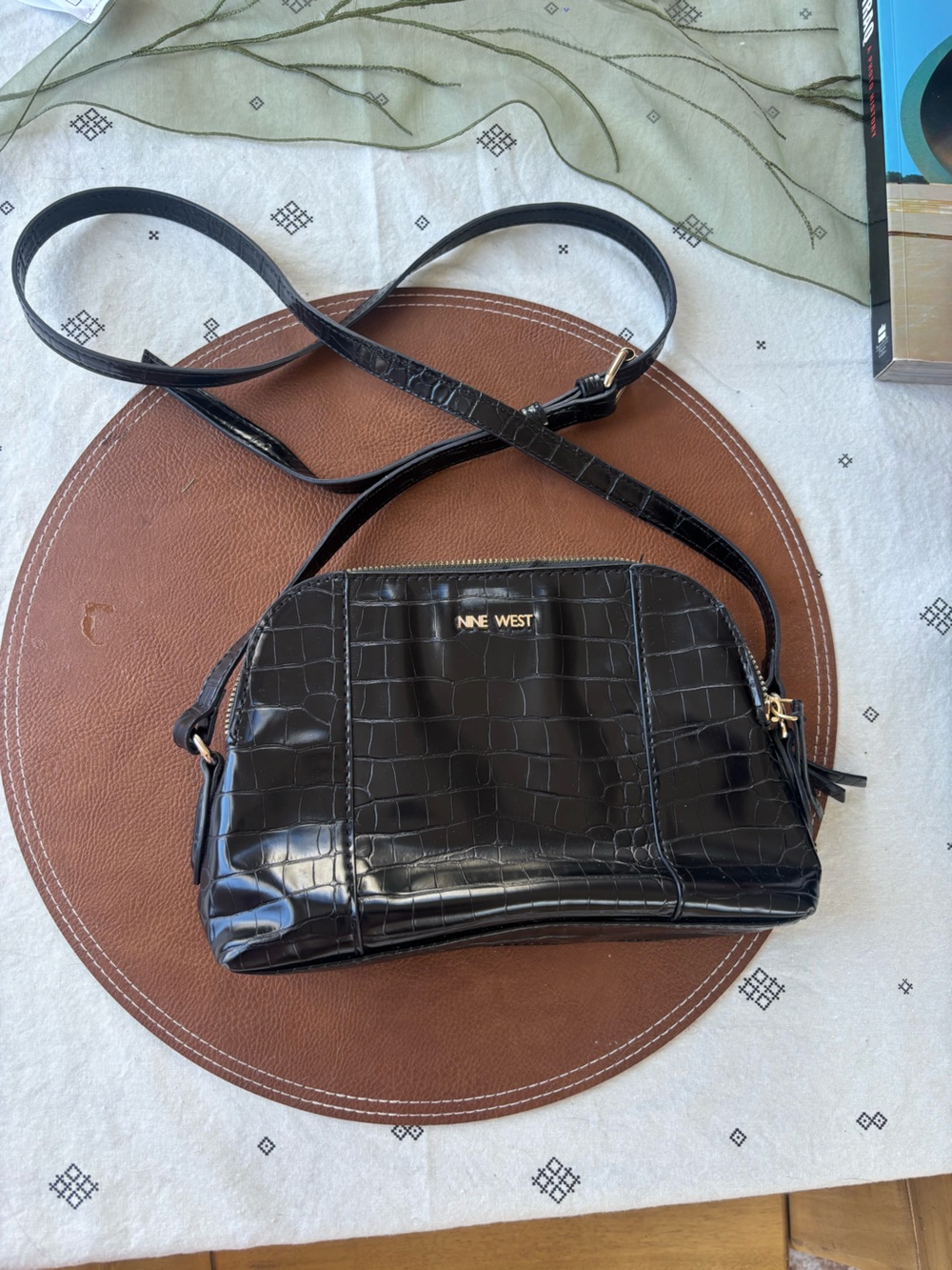 Nine West Black Croc-Embossed Crossbody Purse with Gold Hardware
